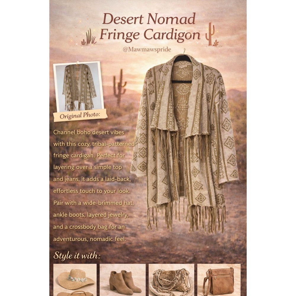 DESERT NOMAD Boho Aztec Fringe Cardigan Sweater Open Front EARTHTONE‎ Womens M